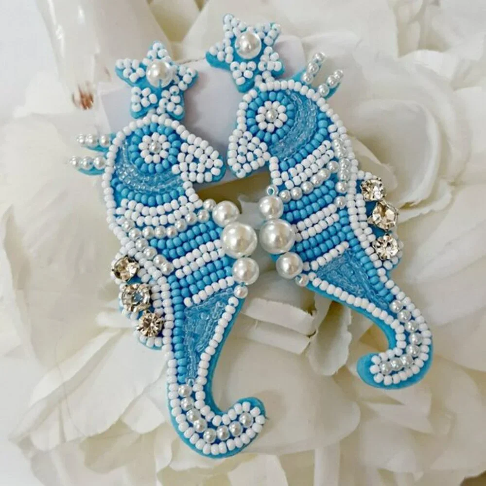 NEW! HAND BEADED Rice BALL STATEMENT SEAHORSE EARRINGS